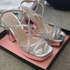 Silver Metallic Strappy Platform Heels NINA
